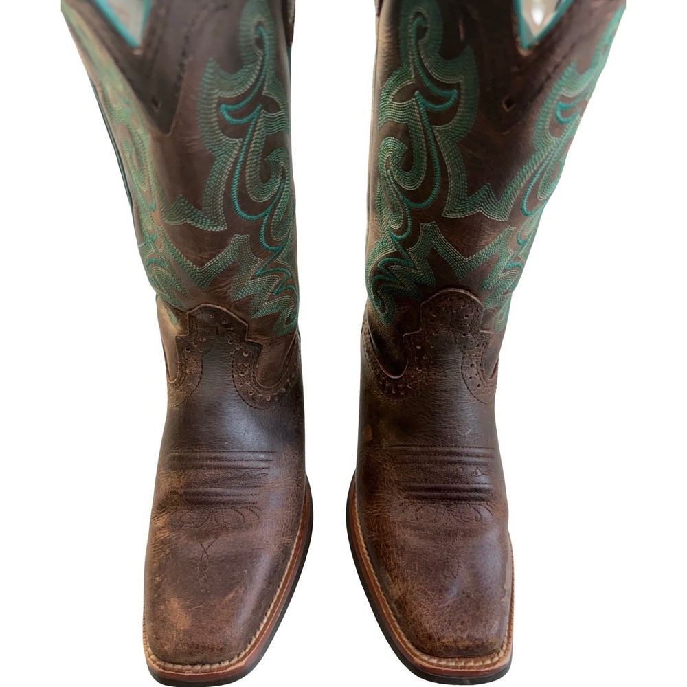 Justin Brown Leather Western Boots Turquoise Stitching Men's 8.5 Cowboy RB